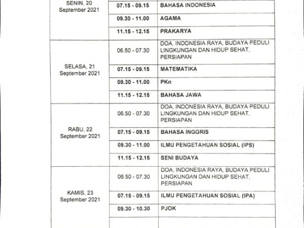 Jadwal Pelaksanaan Penilaian Tengah Semester Gasal Tahun Pelajaran 2021/2022