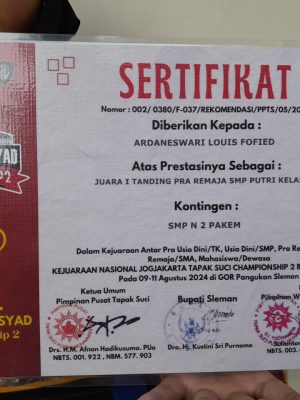 Juara 1 Nasional Jogjakarta Tapak Suci Championship 2 Barie Irsyad Cup (Pra Remaja SMP kelas G)